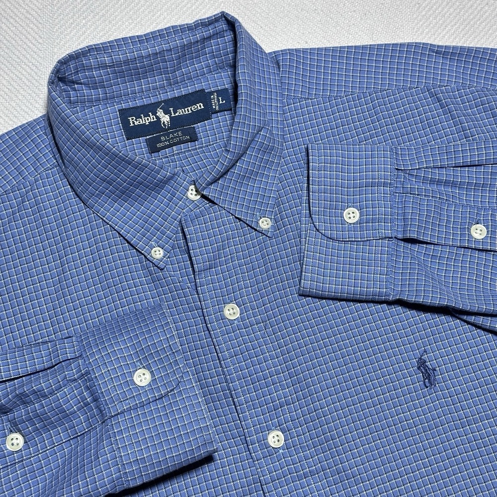 Ralph Lauren Button Down Shirt Mens Large Blake Blue Check Grid‎ Plaid Navy Pony